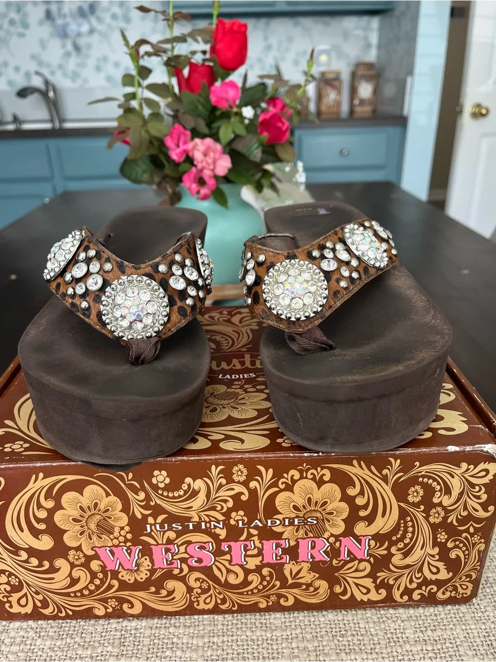 Brown Leopard Platform flip flops with Crystal Medallions